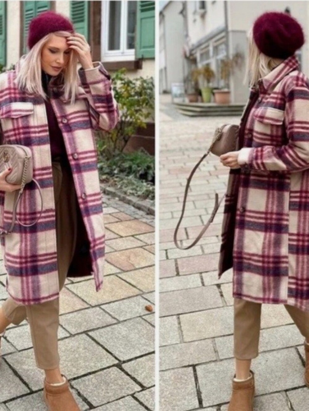 Women's H&M XS Maroon Cream Plaid Jacket
